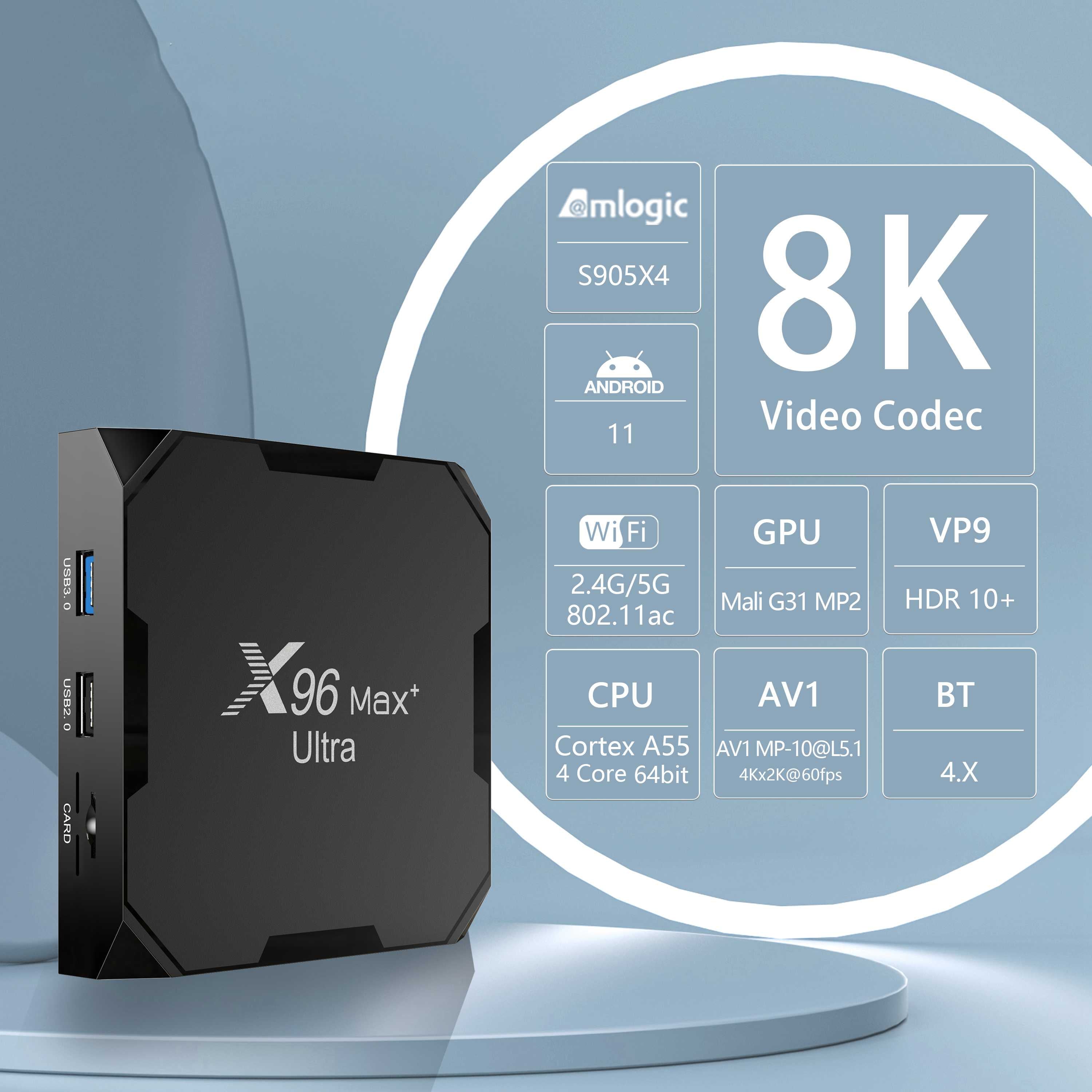 X96Max Ultra 2.4 5G Dual WiFi 8K TV Box Amlogic S905X4 Quad Core Android 11.0 4G 64G AV H.265 Media Player Set Top Box X96Max Ultra 2.4 5G Dual WiFi 8K TV Box Amlogic S905X4 Quad Core Android 11.0 4G 64G AV H.265 Media Player Set Top Box